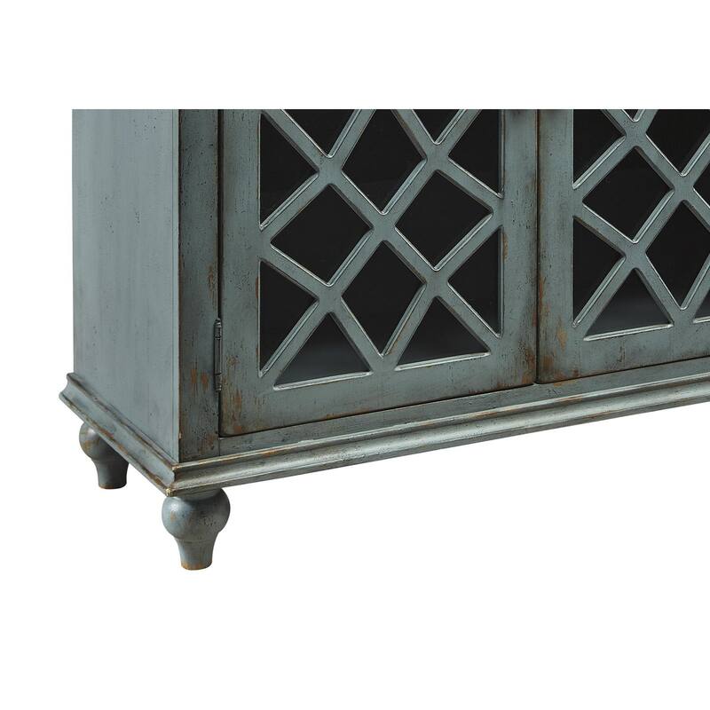 Lattice Design 4 Door Cabinet with Glass Inserts and Bun Feet, Teal Blue