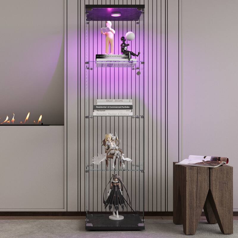LED lights Glass Display Cabinet 4 Shelves with Door, Floor Standing Curio Bookshelf