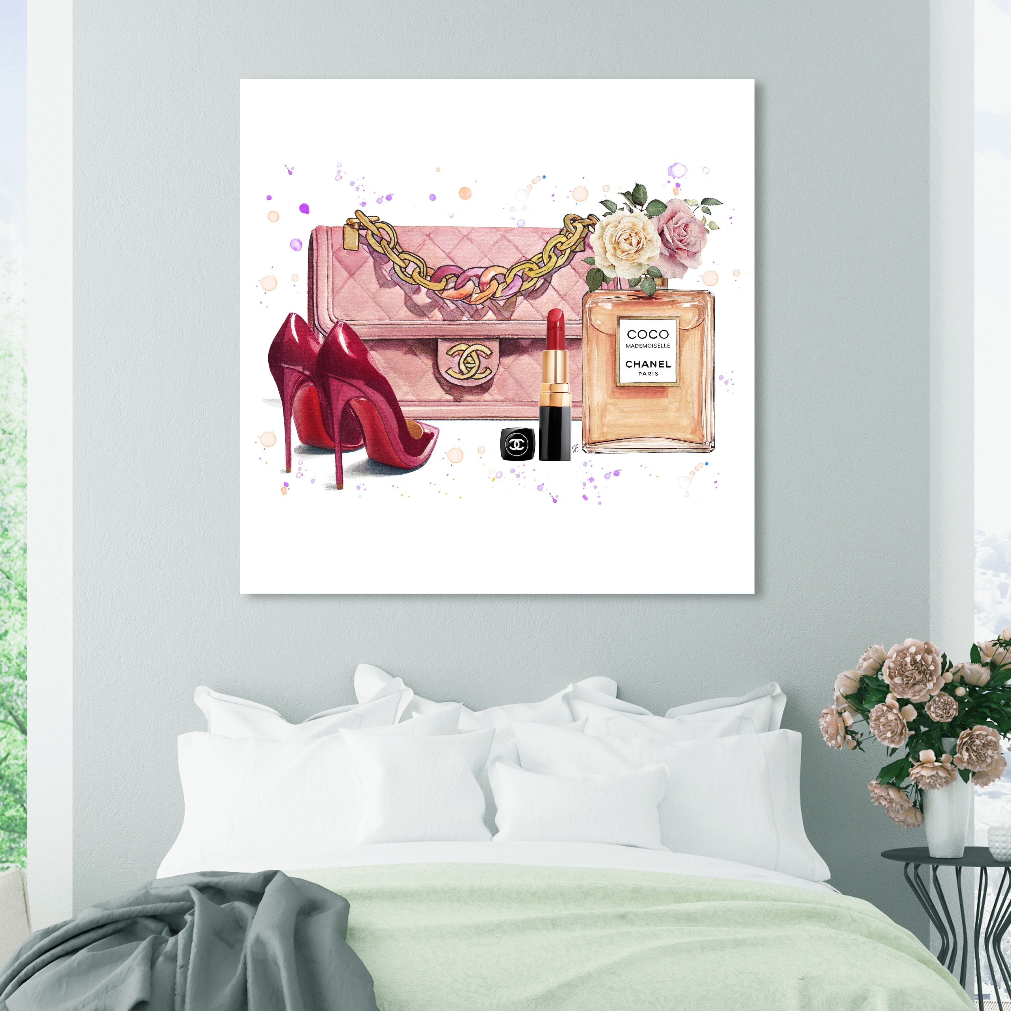 Canvas Wall Art Glam Perfume Chanel Pictures Wall Decor Pink Flowers and Gold Canvas Wall Art Girl Home Decor for Bedroom Wall Bathroom Set Room