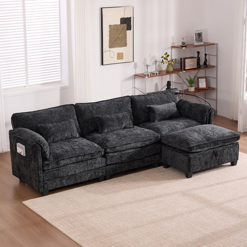HOMEFUN Chenille Upholstered L-shaped Phone Holder Modular Sectional Sleeper Sofa with Movable Storage Ottoman - Black