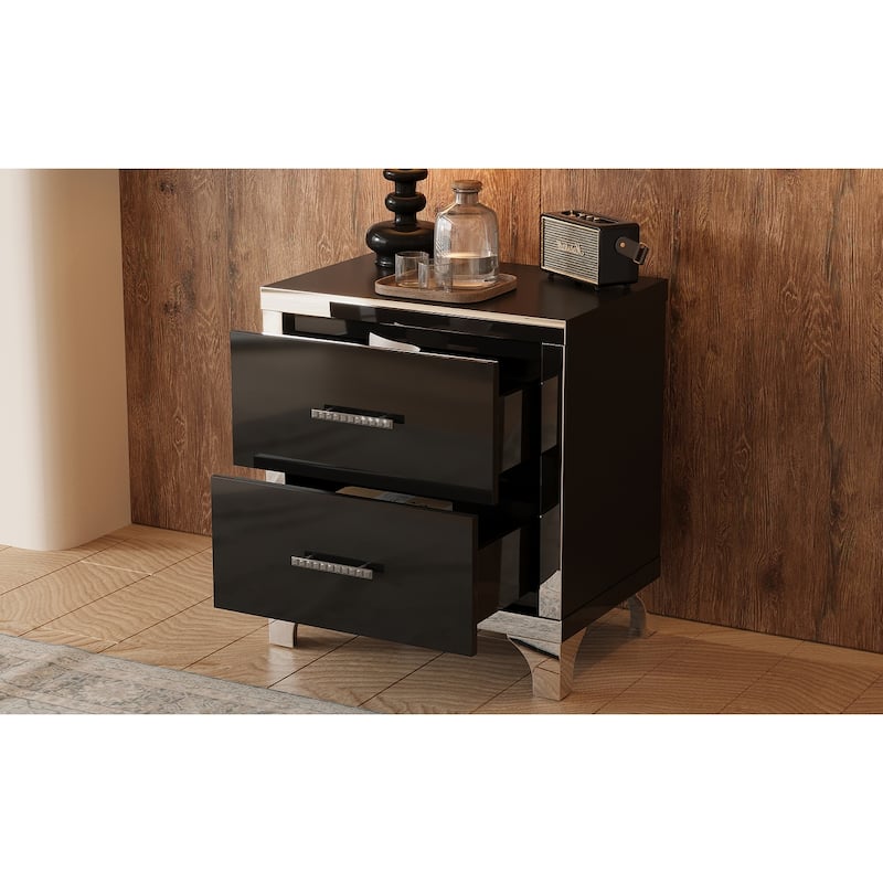 Mirrored Nightstand with 2 Drawers, Bedside Table with Metal Handle, Sofa Side Table with Mirrored Edge and Legs