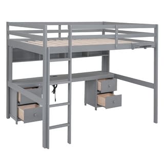 Solid Wood Full Size Loft Bed Frame with Desk, Full LoftBeds with Storage Shelves, Drawers, Bedside Tray & Charging Station