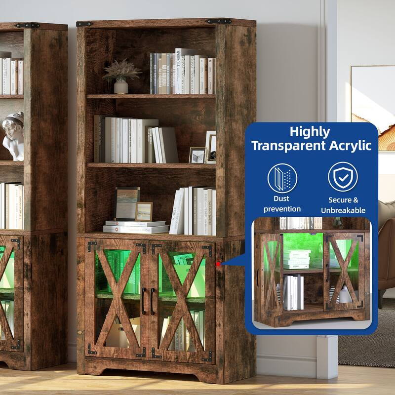 Moasis 5-Tier Open Shelves Bookcase Bookshelf with Acrylic Doors and LED Lights