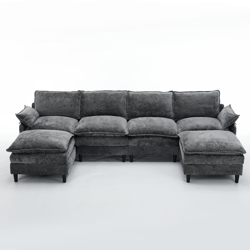 121.5" Chenille U-Shaped 6-Seater Sectional Sofa with 2 Movable Ottomans and 6 Pillows