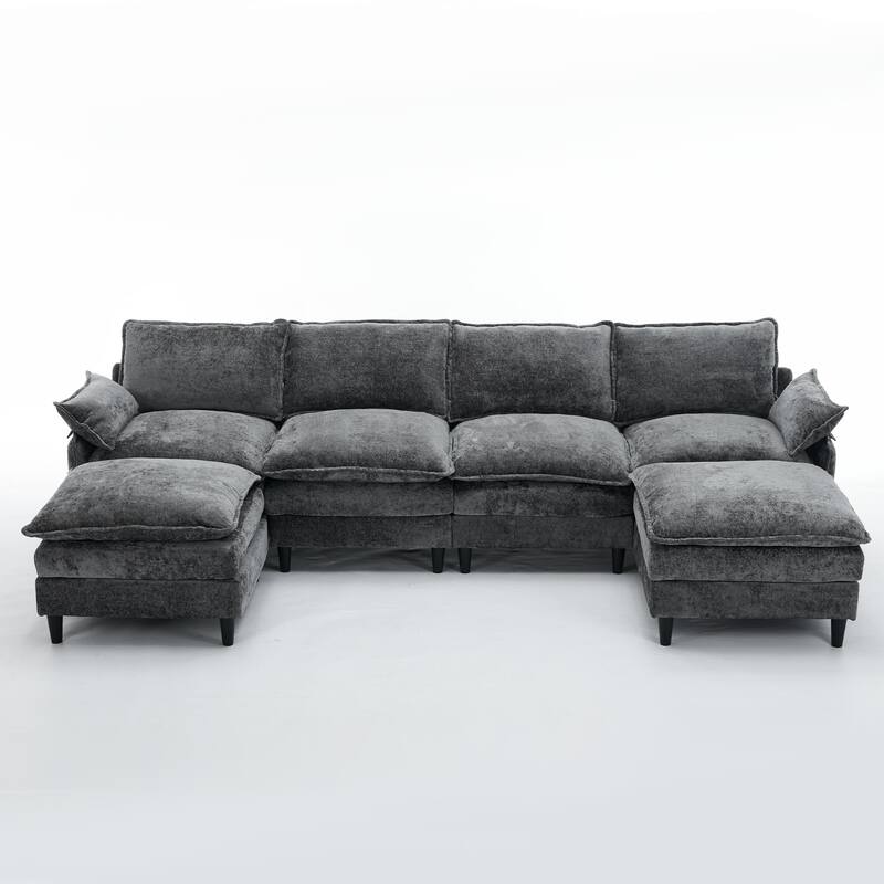 121.5" U-Shaped Chenille Sectional Sofa with 2 Ottomans & 6 Pillows