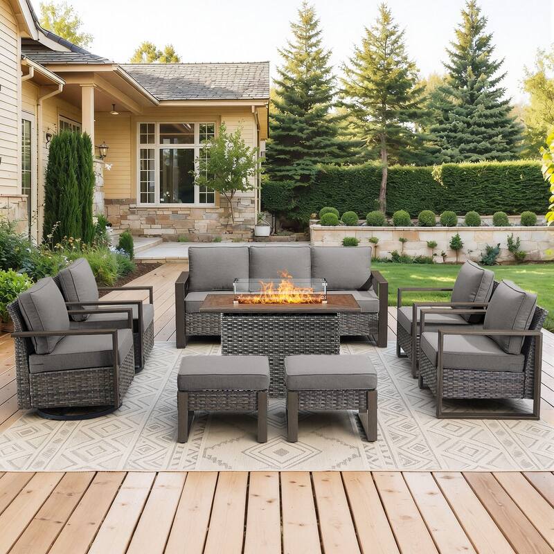 Meyreso Wicker Outdoor Patio Fire Pit Set with Swivel Gliders and Olefin Cushions