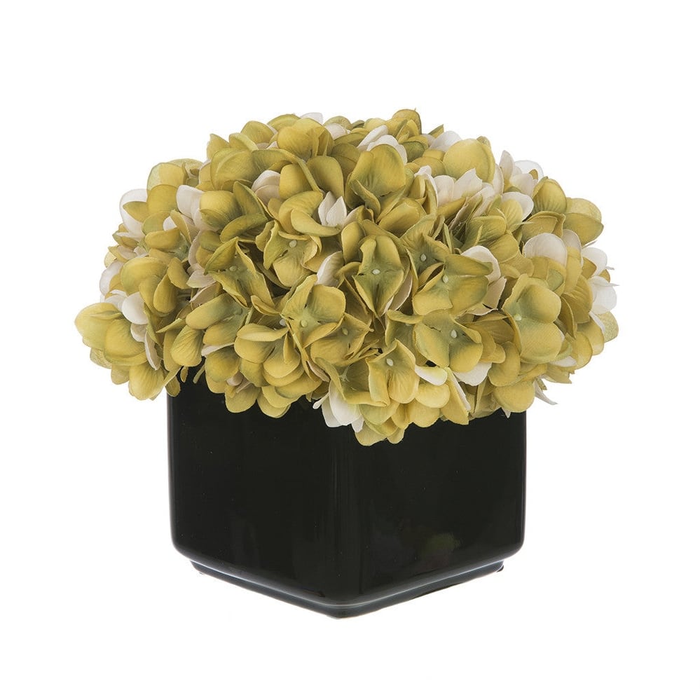 Faux Hydrangea in Small Black Cube Ceramic Vase