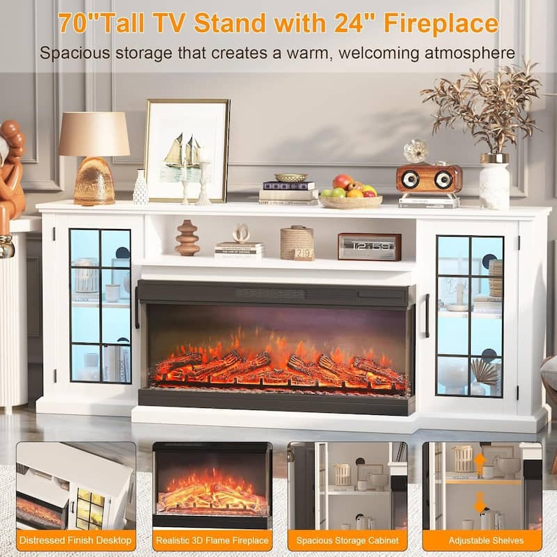 75In 3 Sided Glass Fireplace Heater TV Stand with LED Lights - N/A