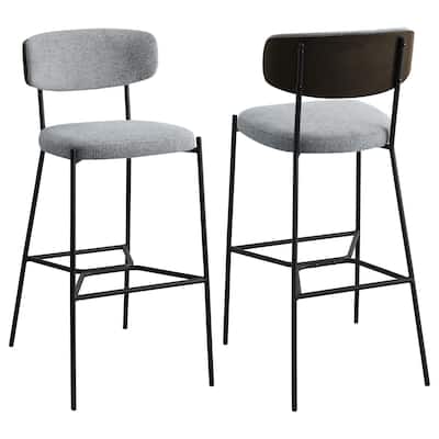 Ellina Pub Height Bar Chair Set of 2, Gray Fabric, Black Metal 30 Inch