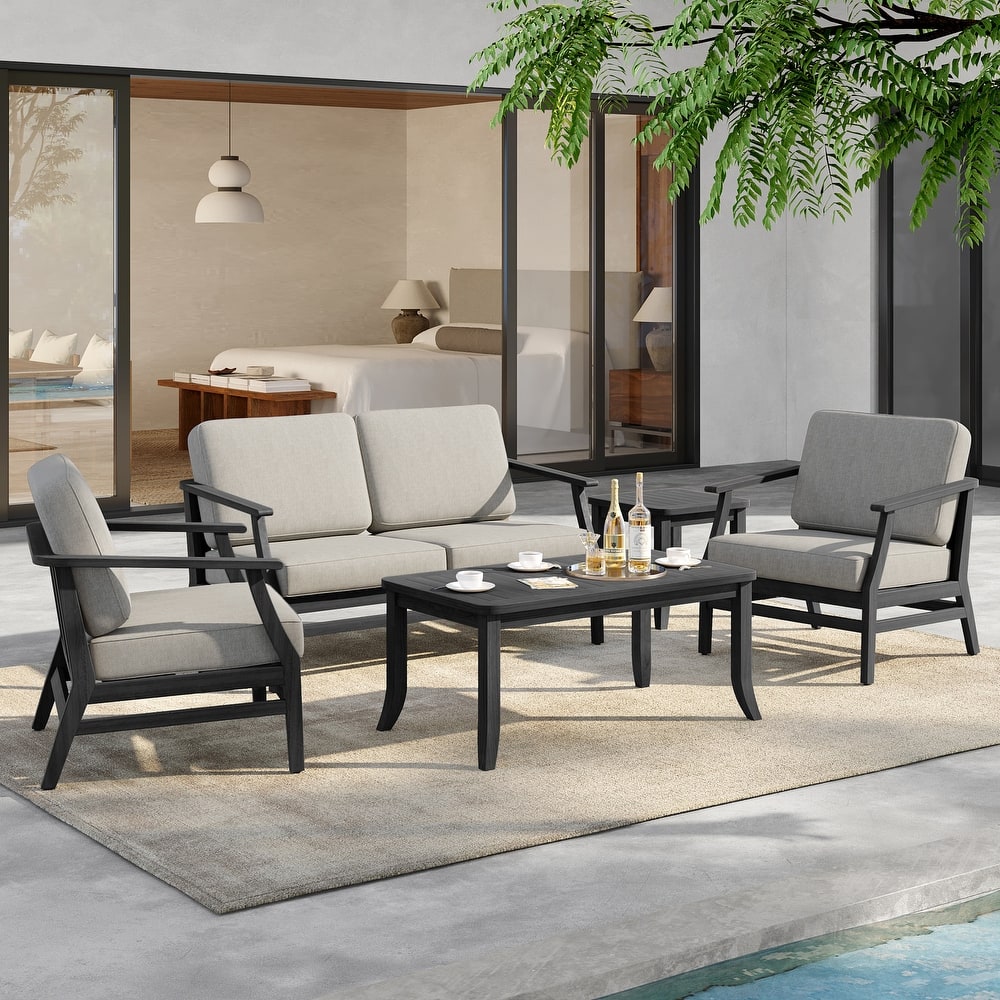 5-Piece Outdoor Teak Wood Patio Conversation Set with Cushions