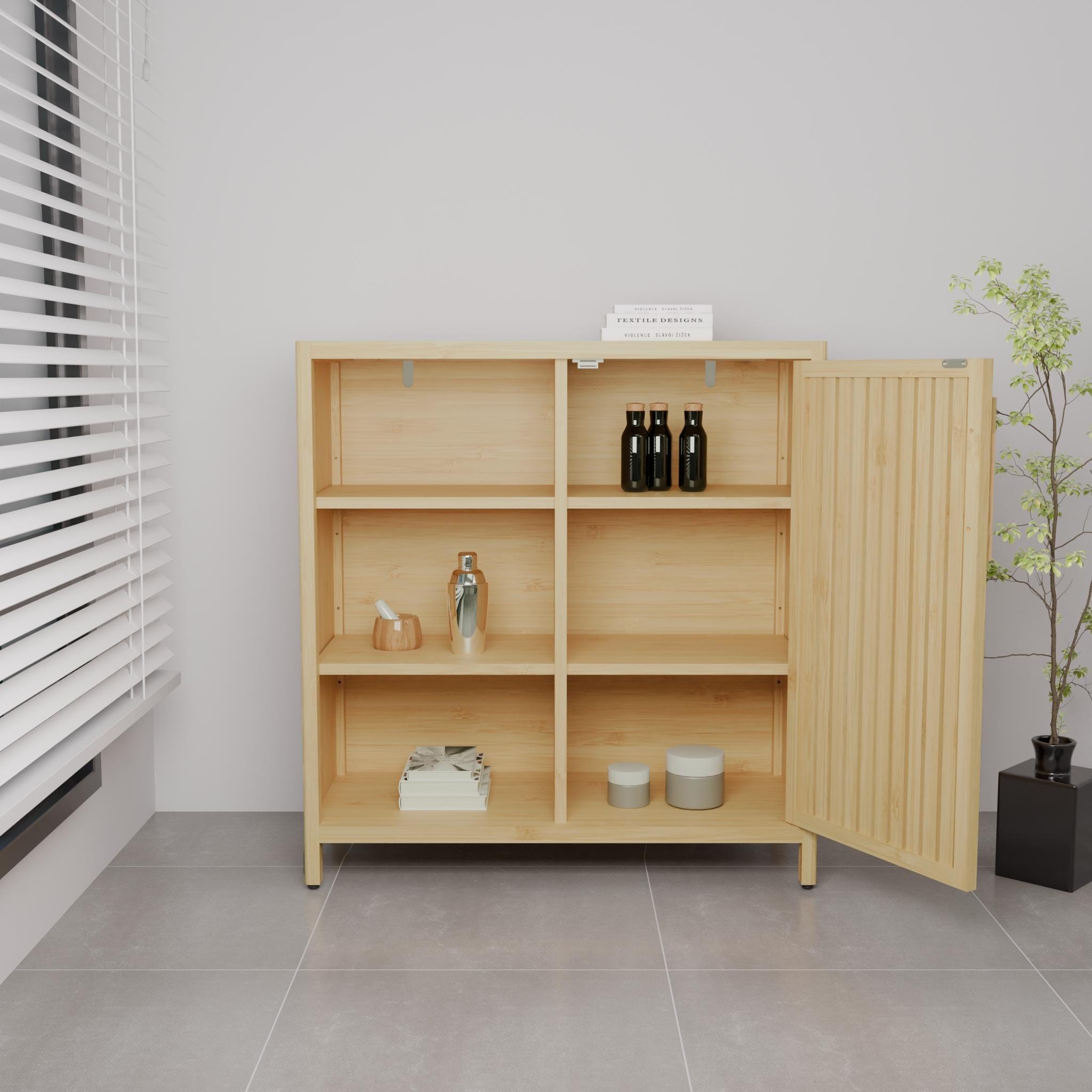 Bamboo Storage Cabinet with Doors and Open Shelves, Narrow Freestanding Accent Cabinet Bathroom High Cabinet