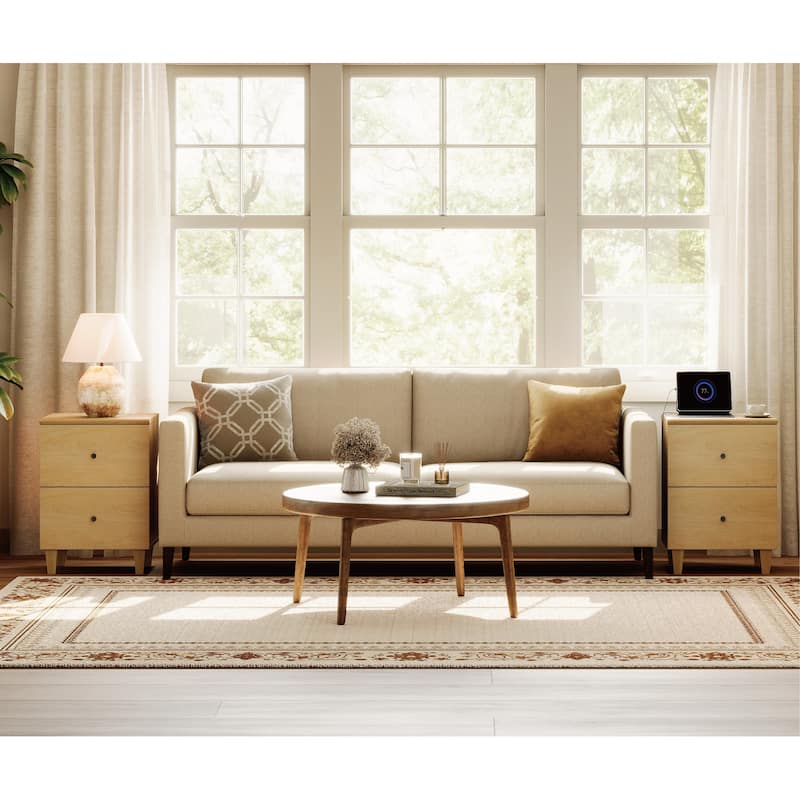 WAMPAT End Table with Charging Station and 2 Drawer for Living Room - 2PCS - Oak