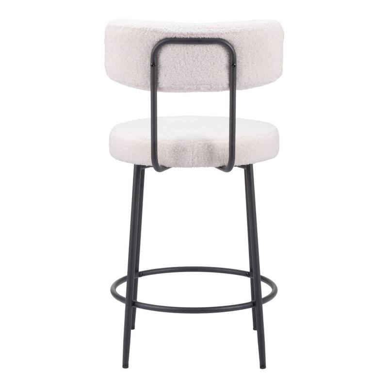 Set of Two 25" Ivory and Black Shearling and Steel Low Back Counter Height Bar Chairs