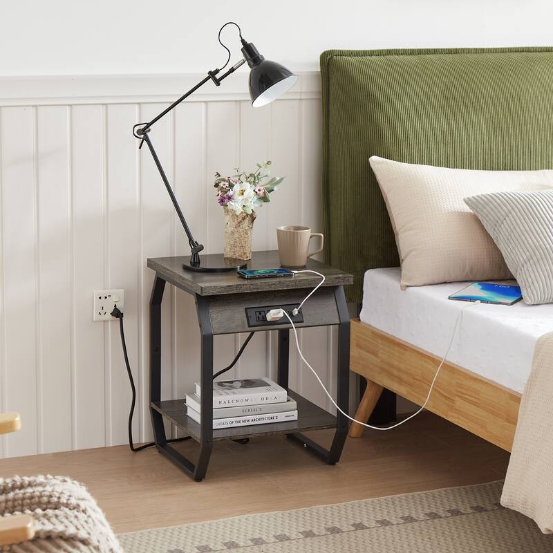 Set of 2 Side Table with Charging Station, USB Ports and Sockets