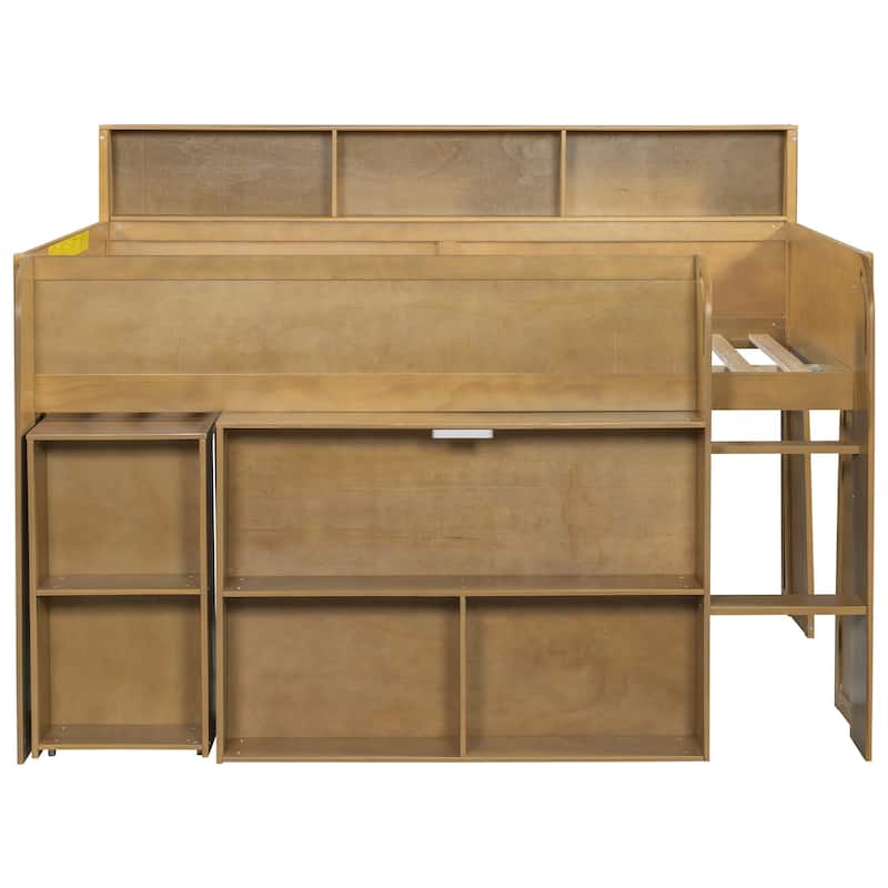 Full Size Wood Kids Loft Bed Frame with Pull-out Desk, Multiple Storage Bookshelf Built-in LED