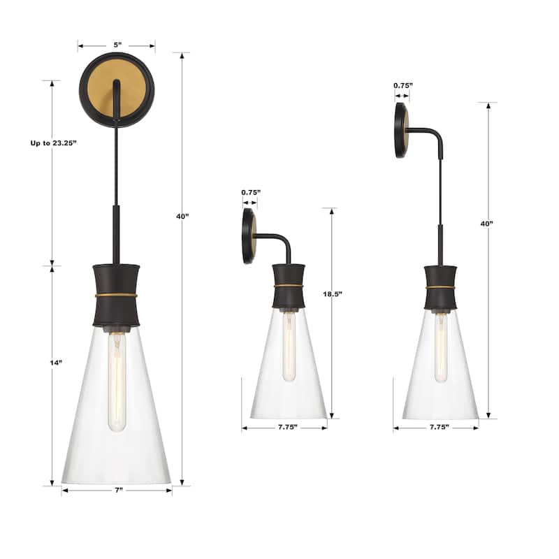 Quinn 1 Light Matte Black and Textured Gold Sconce - 7"W x 18.5"H x 7.75"D