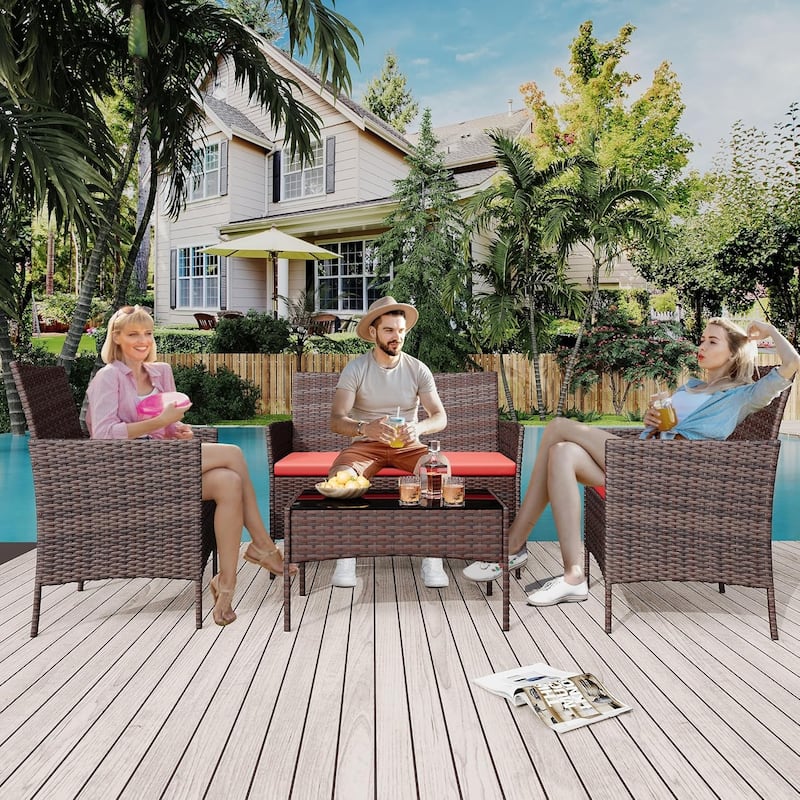 4 Pieces Rattan Wicker Chairs with Glass Coffee Table