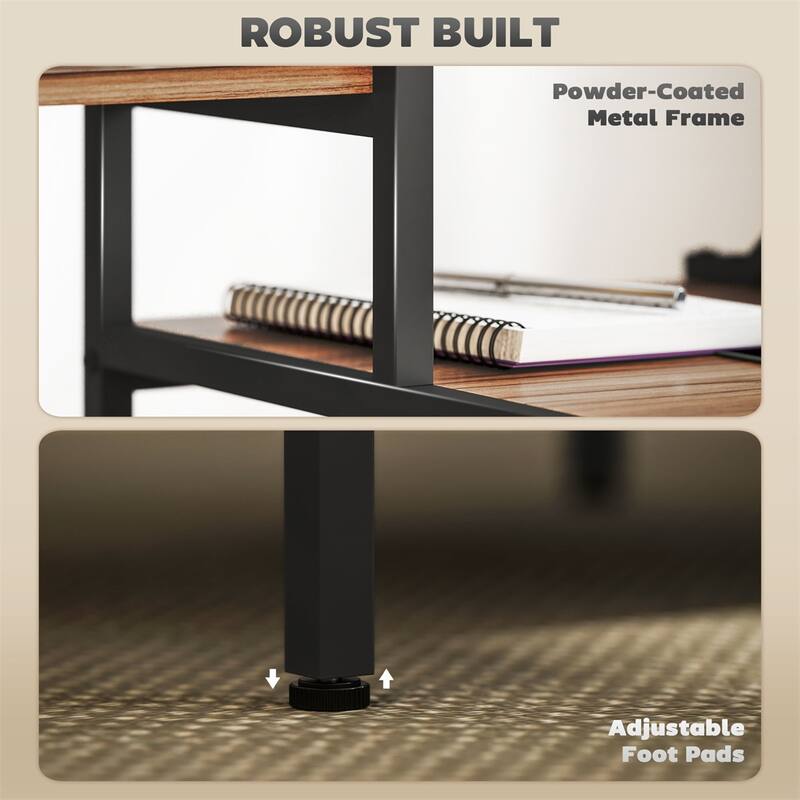 Computer Desk with Four Tier Storage Shelf and Monitor Stand Industrial Brown and Black Design Sturdy Home Office Workstation