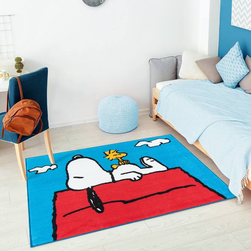 Licensed Peanuts Snoopy and Woodstock Sleepy Day Easy Care Non-Slip Soft Polyester Kids Area Rug 3x5 - 3' 4" x 4' 6"