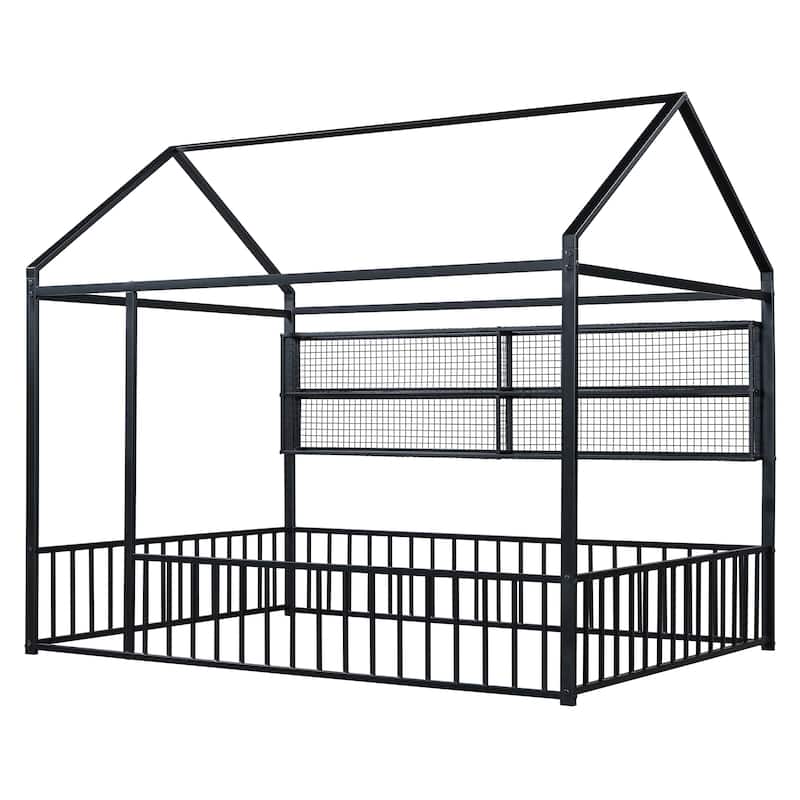 Full Metal House Bed Frame with Storage Shelves & Fence
