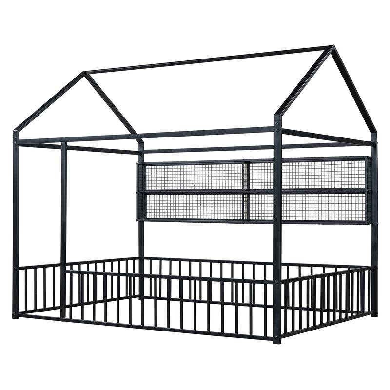 Full Size Metal House Bed Frame with Built-In Grid Shelves, Playful Canopy Design and Space-Saving Storage