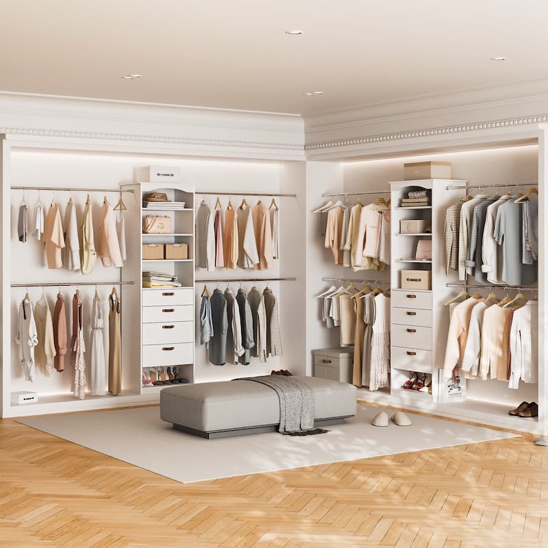 23.6"-149.6" W Modular Closet System, 2-12FT Walk-In Closet Organizer with 4 Expandable Rods and Drawers - 76.6'' H X 15.7'' D