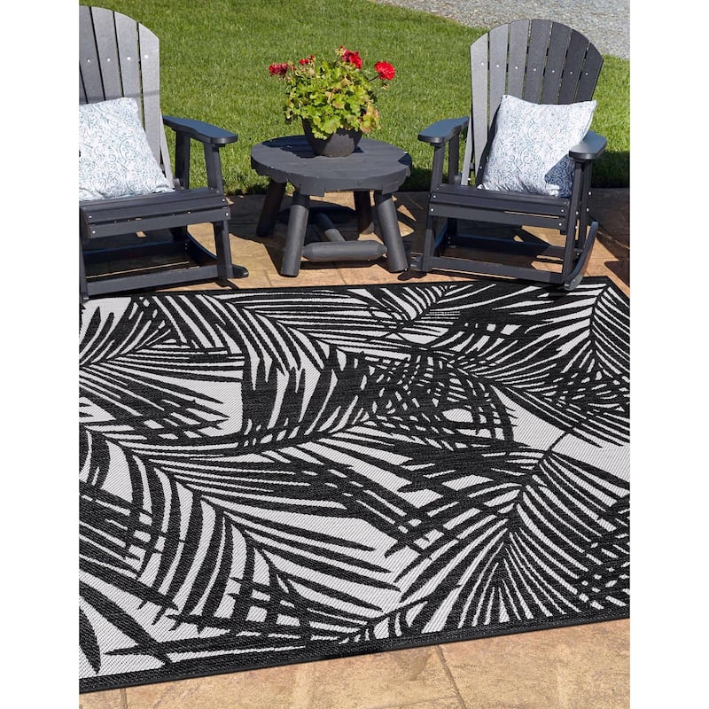World Rug Gallery Contemporary Palm Leaf Textured Flat Weave Indoor/Outdoor Area Rug - 5' X 7' - Black