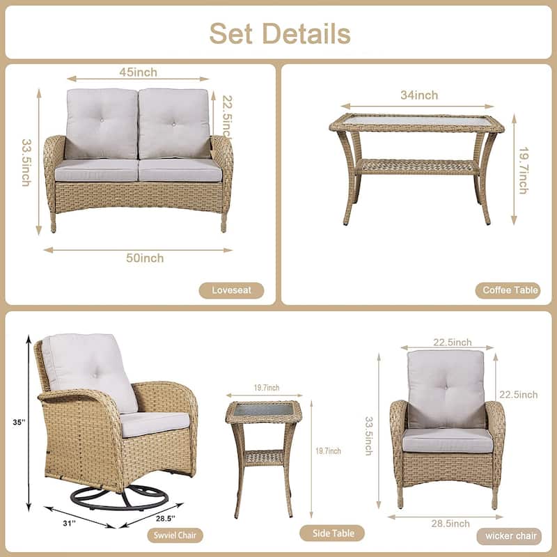 Gymojoy Outdoor Loveseat Sofa Table With Swivel Rocking Chair Furniture Set
