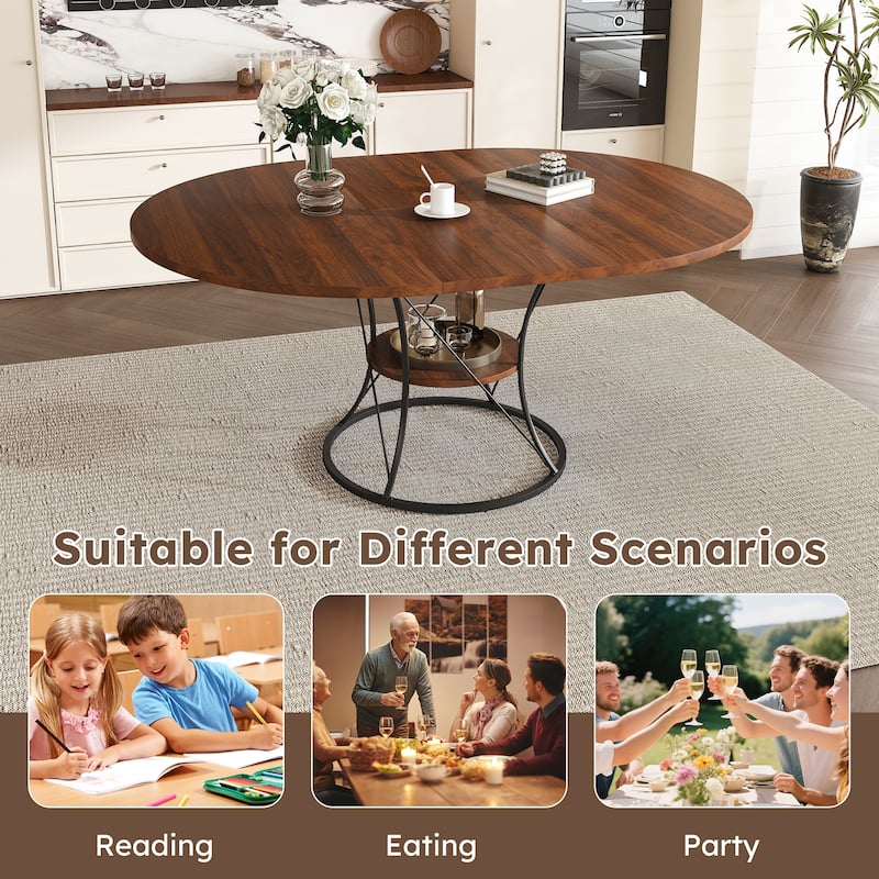 43 to 59 Inch Extendable Round Dining Table for 4-6 - Farmhouse Kitchen Table with Storage Shelf & Metal Base