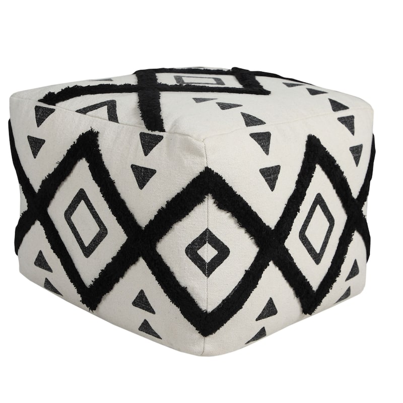 18" White and Black Double Diamond Square Pouf Ottoman