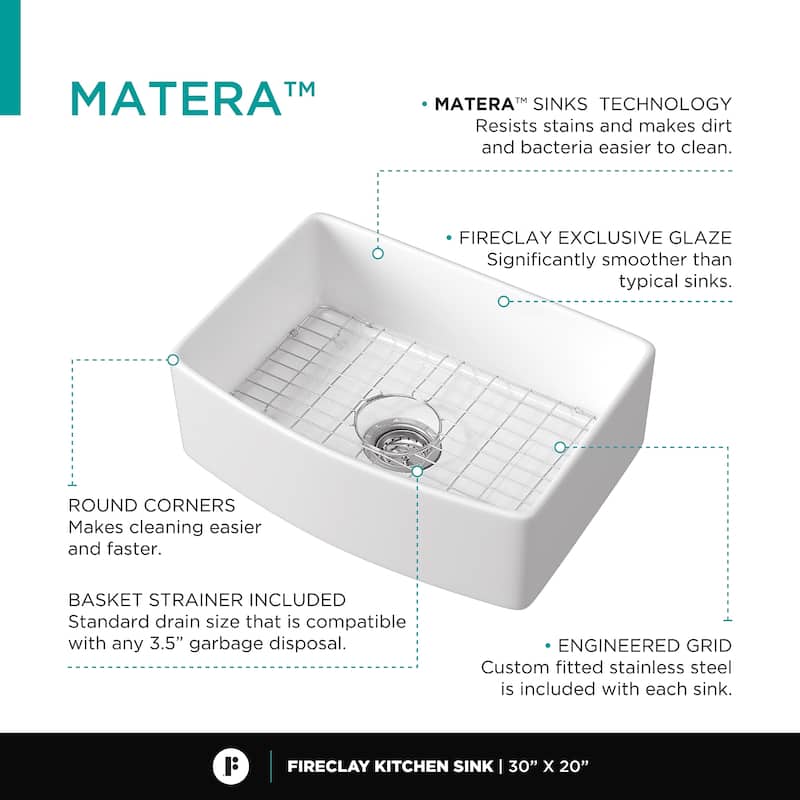 Premium White Fireclay Curved Apron Front Kitchen Sink for Home, Farmhouse (Grid & Strainer Included)
