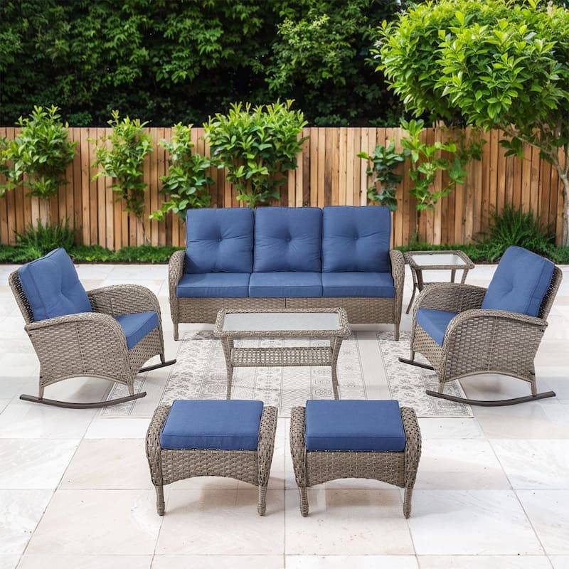 Gymojoy 7-Piece Outdoor Wicker Patio Furniture with 3 Seat Sofa, Rattan Coversation Set with Water Resistant Cushions - Grey Wicker / Blue Cusion - 7-Piece