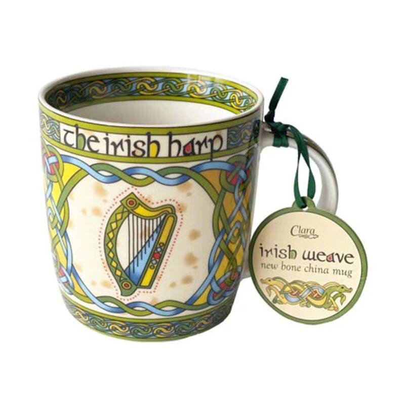 11oz Heat-Resistant Bone China Tea Mug with Irish Harp Emblem and Traditional Celtic Design