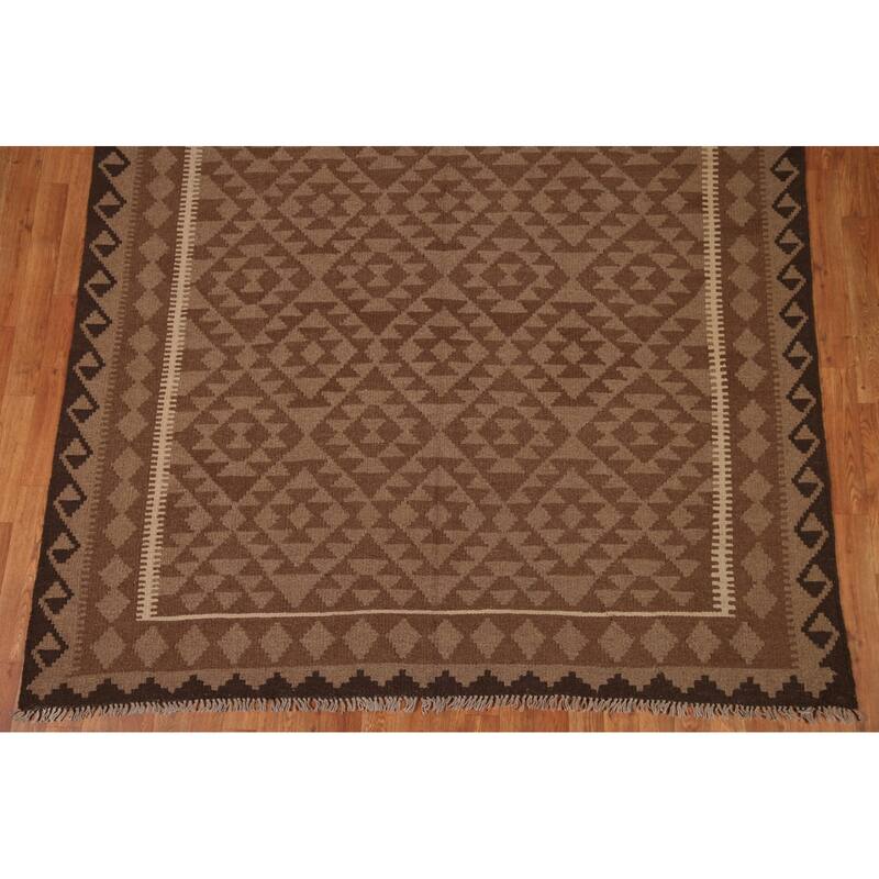 Earth Tone Kilim Oriental Area Rug Flat-weave Wool Carpet - 6'7"x 9'9"