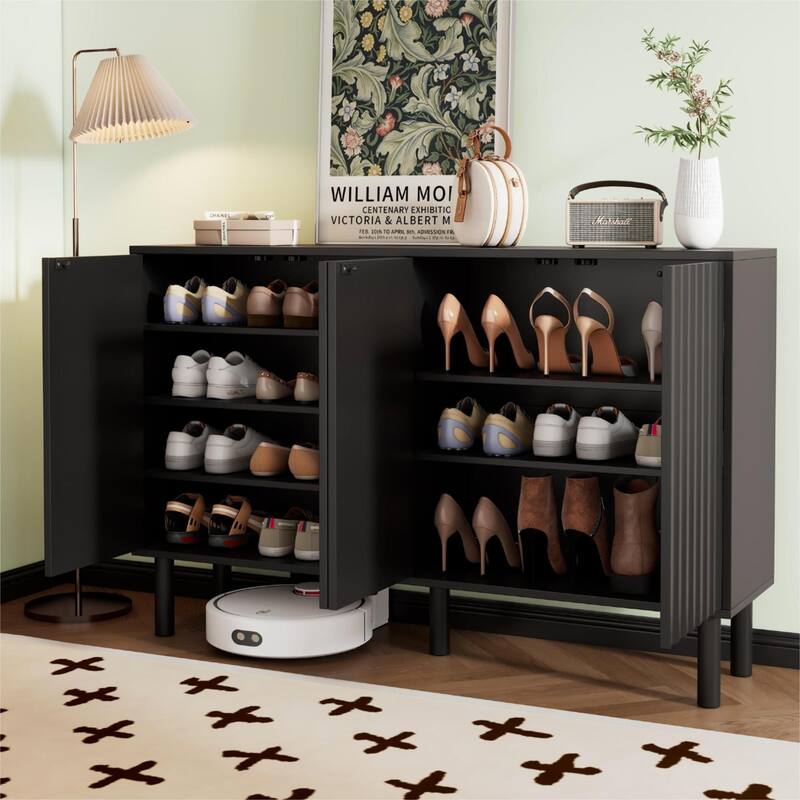 Cream Style Sideboard Buffet Cabinet with Fluted Doors, Large 4-Door Storage Cabinet with Adjustable Shelves
