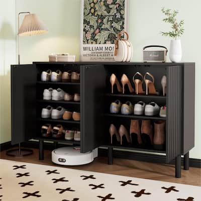 Shoe Cabinet with 4 Fluted Doors & Adjustable Shelves, Multi-functional Sideboard, Entryway Organizer with 5 Solid Wood Legs