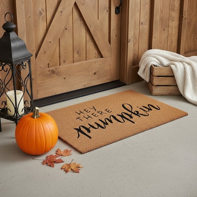 HomeRoots 17" X 29" Brown And Natural Fall Hey There Pumpkin Outdoor Coir Door Mat - 17.00' X '29.00