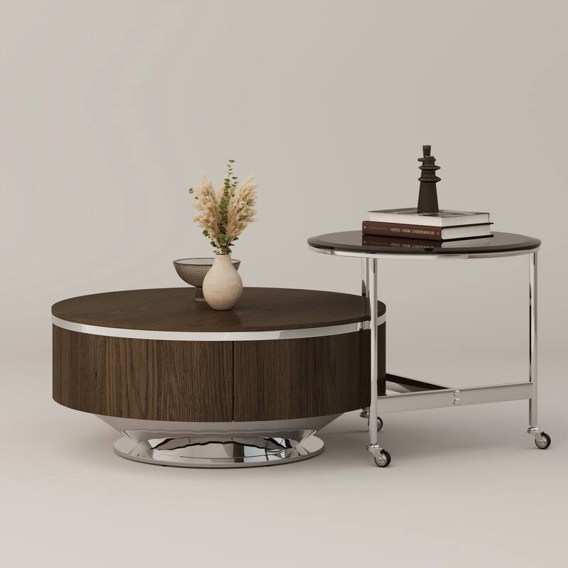 Nesting Coffee Table Set with End Table Round Coffee Table with 2 Storage Drawers - Walnut and Silver