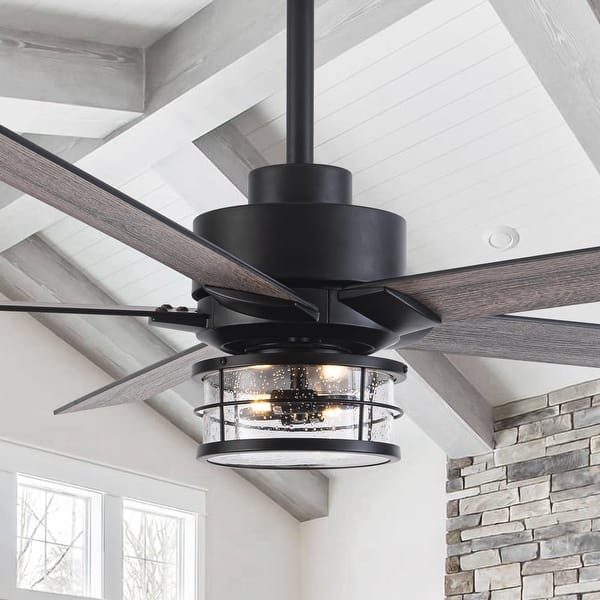 slide 2 of 19, 65" Black Wooden 5-Blade Industrial Ceiling Fan with Light and Remote