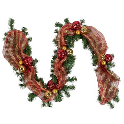6ft Pre-Lit Decorated Red and Gold Artificial Christmas Garland Clear Lights - 6'