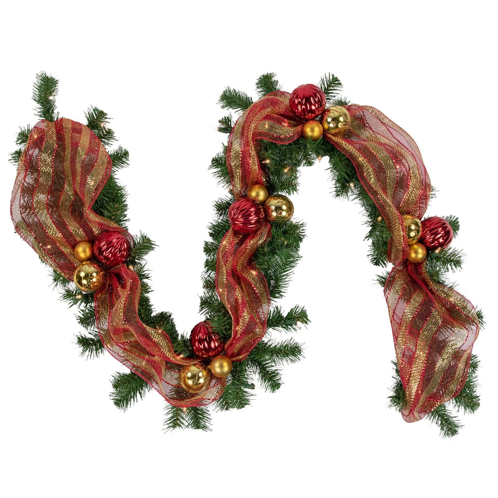 6ft Pre-Lit Decorated Red and Gold Artificial Christmas Garland Clear Lights - 6'