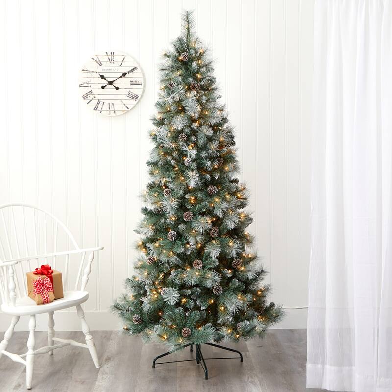 7Ft Artificial Christmas Tree with Clear Lights & Pine Cones - Holiday Decor - Green - 84