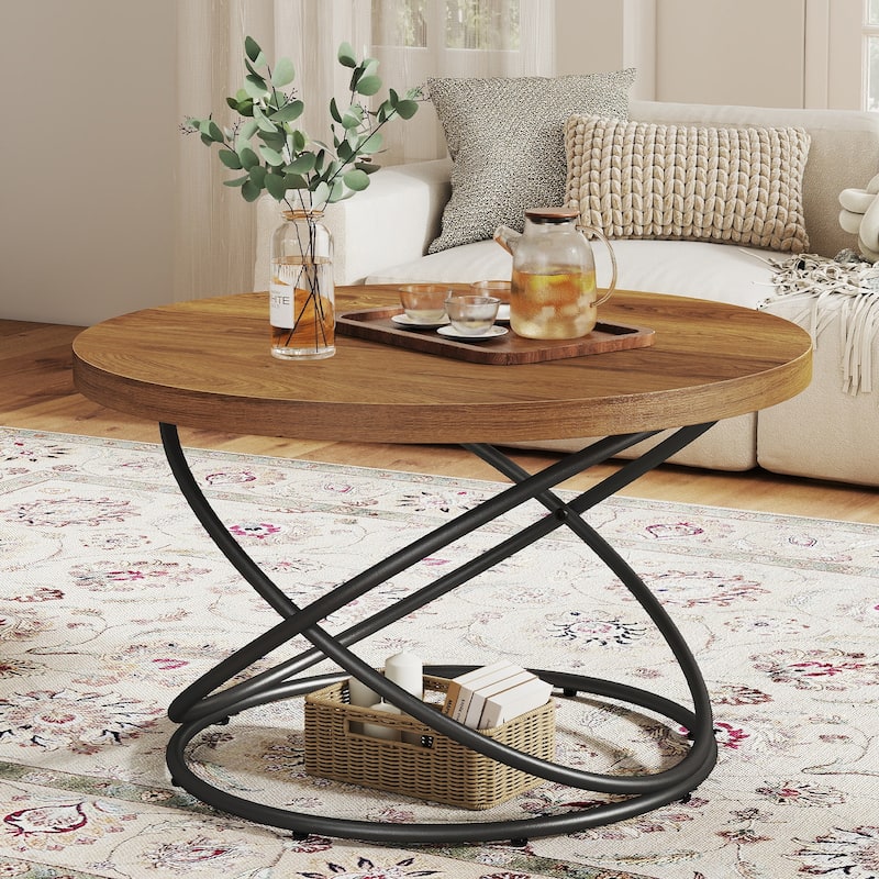 Tempered Glass Top Round Coffee Table with Metal Base - Walnut-Black Leg