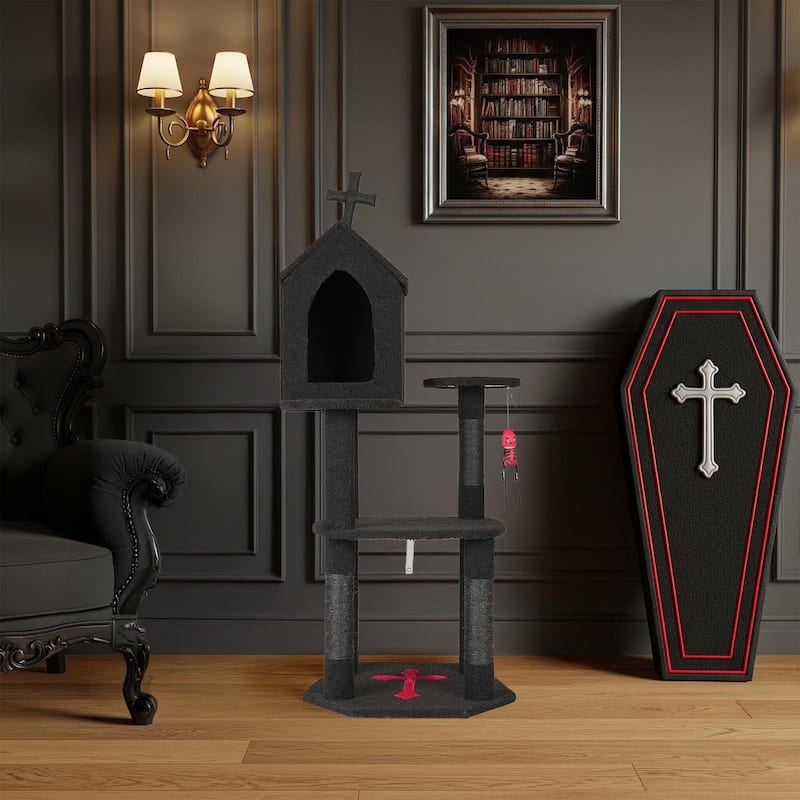 57" Gothic Cat Tree with Multi-Level Platforms and Scratching Posts Cozy Condo and Coffin Bed