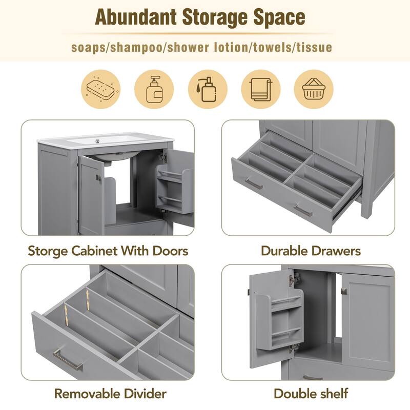 60 Inch Bathroom Vanity with Double Ceramic Sinks, 4 Doors, 2 Drawers, and Divided Storage - Freestanding Design