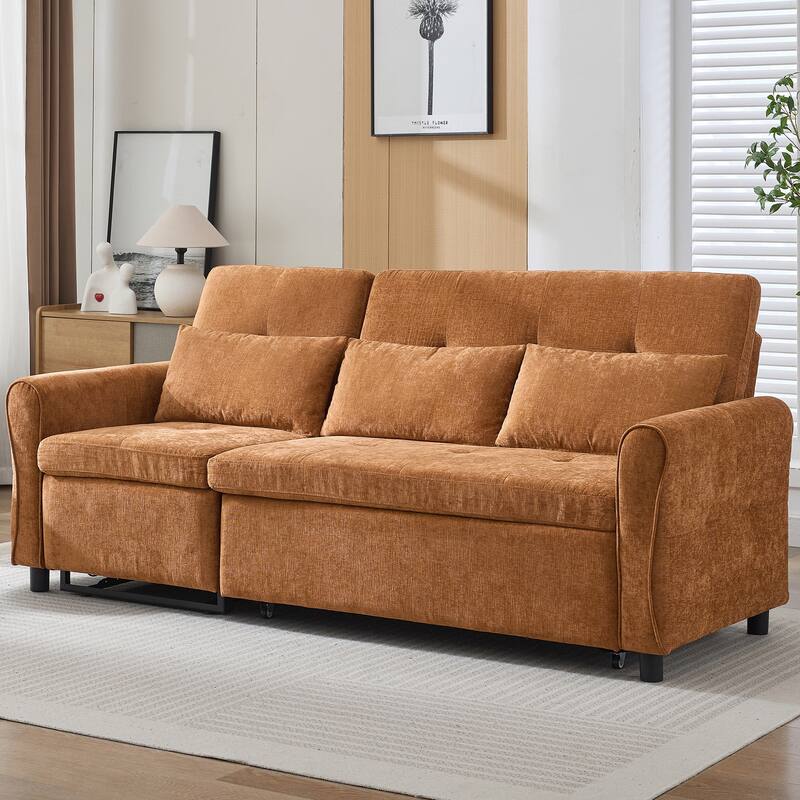 82" 2-in-1 Orange Chenille Three-seater Sofa with Sofa Bed, Reversible Recliner & USB Ports