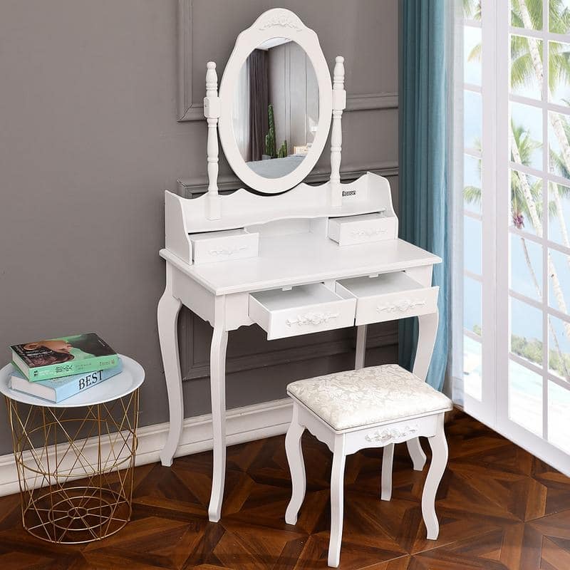 Modern Concise 4-Drawer 360-Degree Rotation Removable Mirror Dresser White