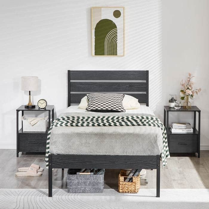 Modern Industrial Platform Bed Frame with Black Oak Headboard