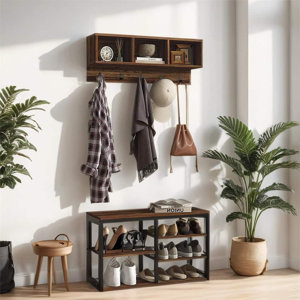 Coat Rack Shoe Bench Set, 5-Hook Hall Tree with Bench and Shoe Storage