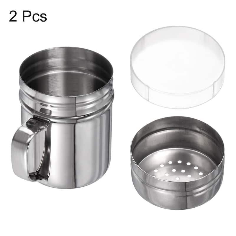 2x Salt Dredge Shakers Stainless Steel Spice Shakers W Handle and Lid - Silver